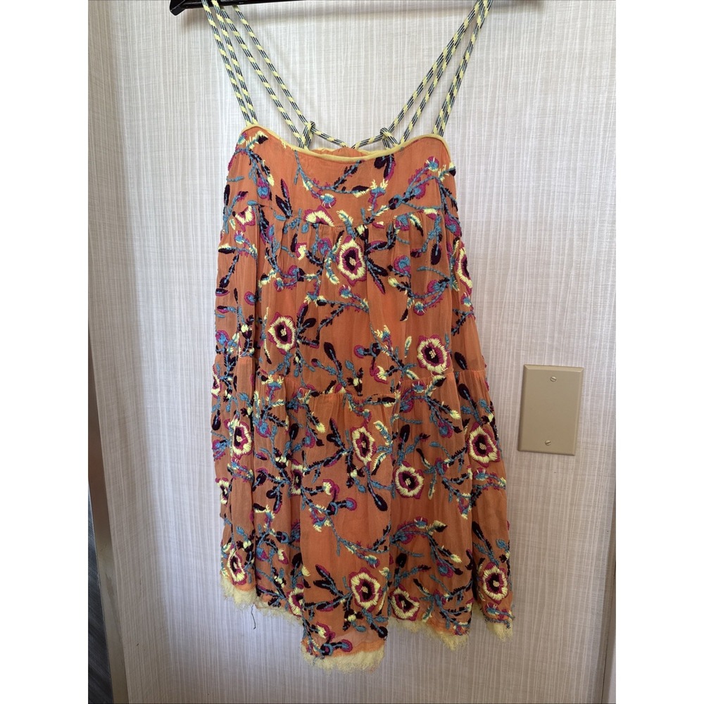 Kimchi Blue Orange Floral Embroidered Babydoll Mini Dress Braided Straps Small - Picture 3 of 11